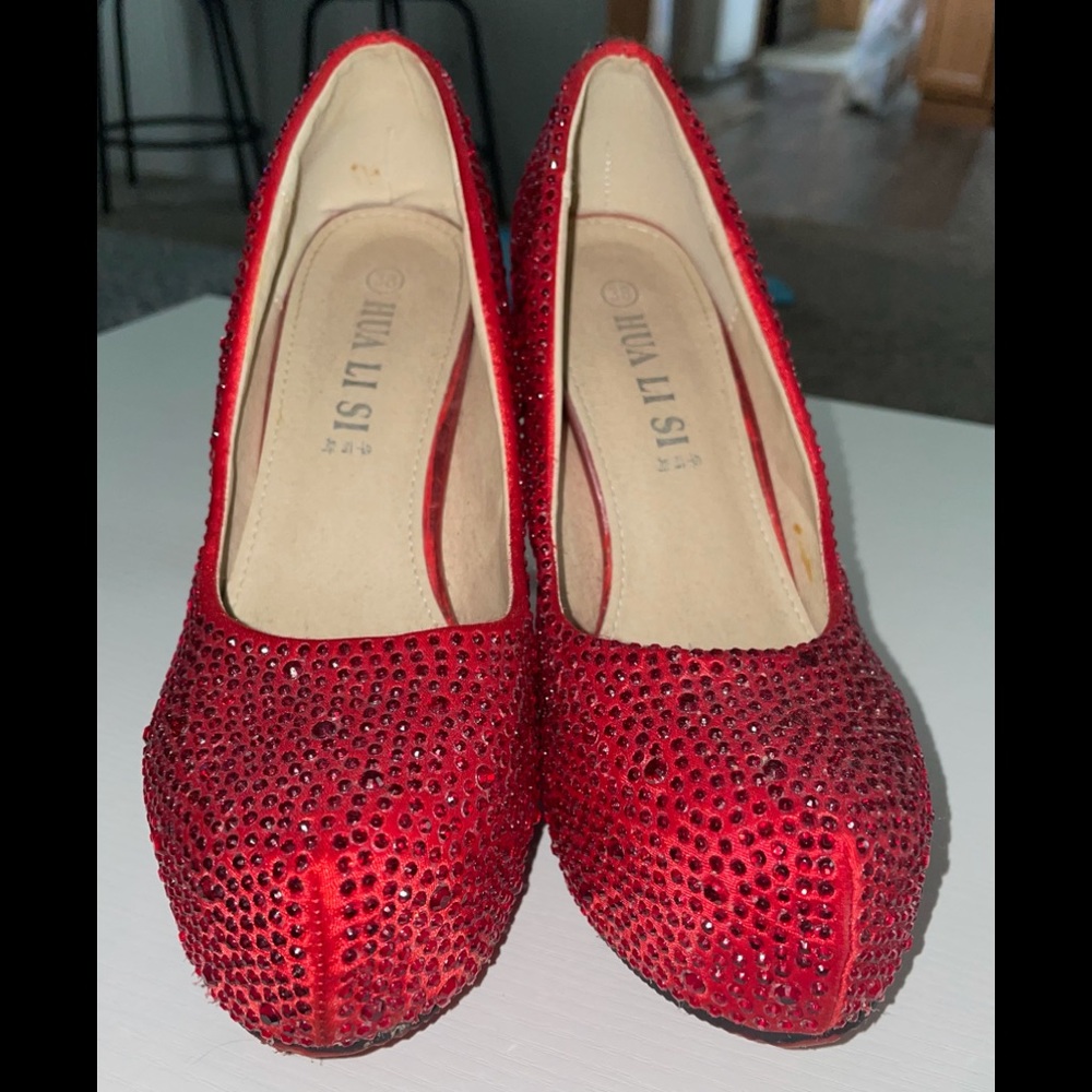 Ruby red rhinestone heels